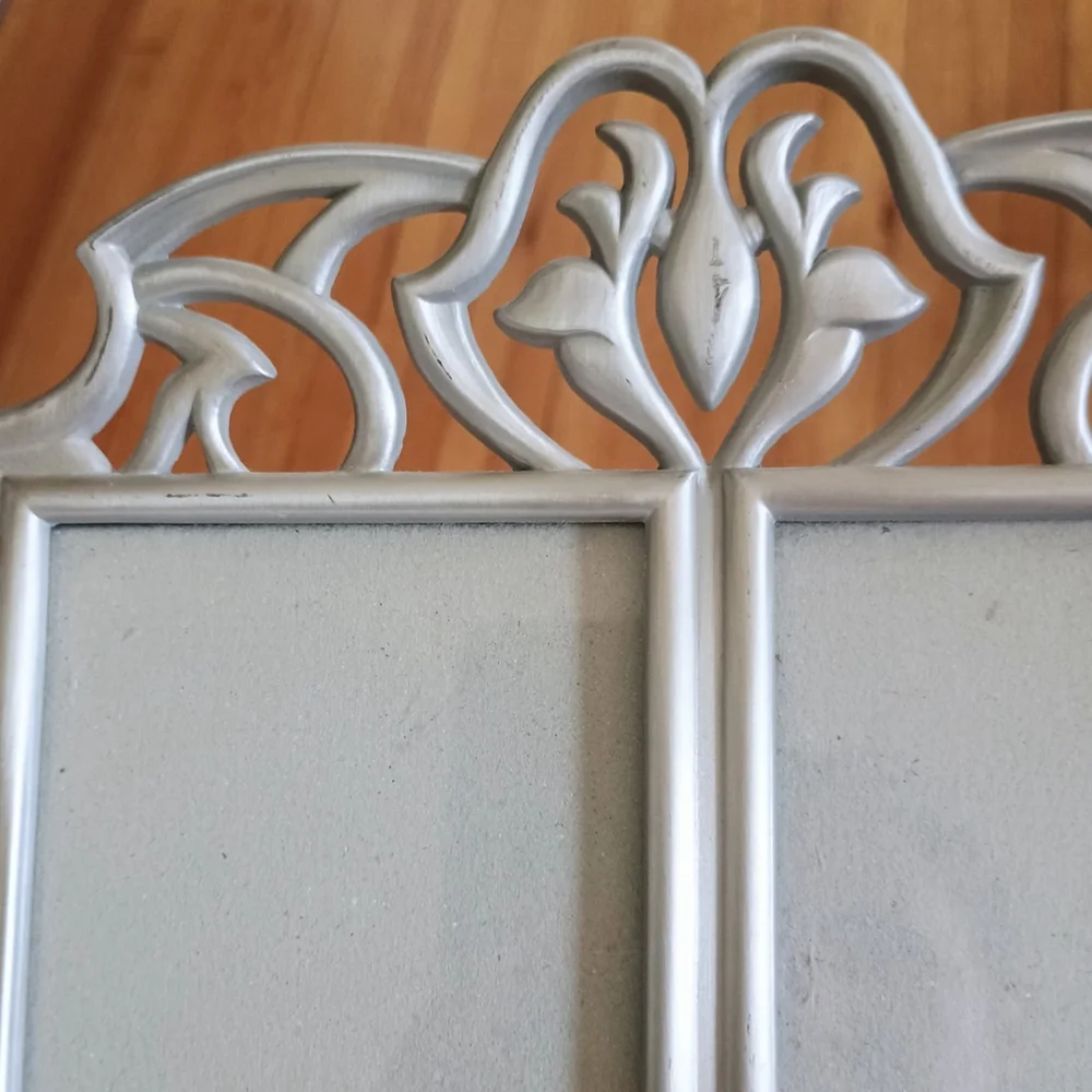 Vintage 1997 HB Group Double Picture Frame Pewter Tone Ornate Tabletop